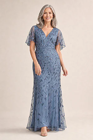 Edith Flutter Sleeve Sequin Dusty Blue Gown by Dressology