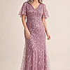 Edith Flutter Sleeve Sequin Dusty Pink Gown by Dressology mother of the bride dress on model