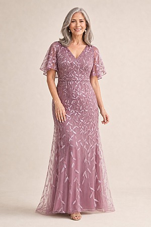 Edith Flutter Sleeve Sequin Dusty Pink Gown by Dressology mother of the bride dress on model