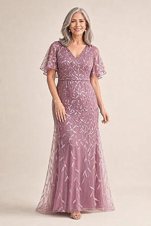 Edith Flutter Sleeve Sequin Dusty Pink Gown by Dressology