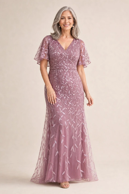 Edith Flutter Sleeve Sequin Dusty Pink Gown by Dressology mother of the bride dress on model