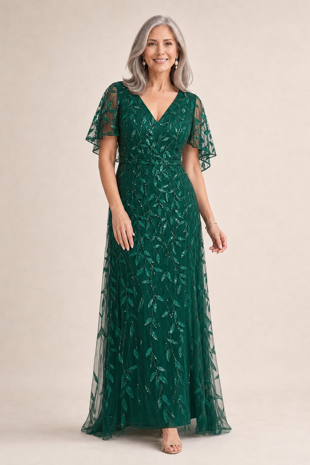 Edith Flutter Sleeve Sequin Emerald Gown by Dressology