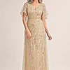 Edith Flutter Sleeve Sequin Gold Gown by Dressology mother of the bride dress on model