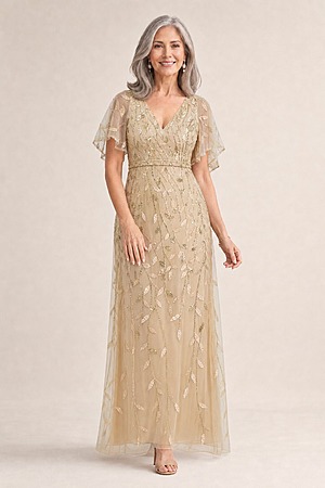 Edith Flutter Sleeve Sequin Gold Gown by Dressology mother of the bride dress on model