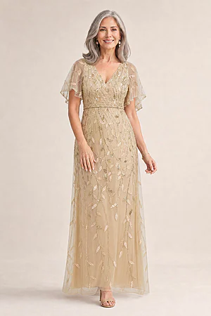 Edith Flutter Sleeve Sequin Gold Gown by Dressology