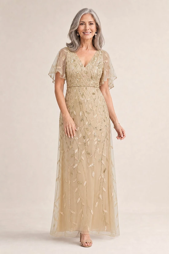 Edith Flutter Sleeve Sequin Gold Gown by Dressology mother of the bride dress on model