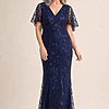 Edith Flutter Sleeve Sequin Navy Gown by Dressology mother of the bride dress on model