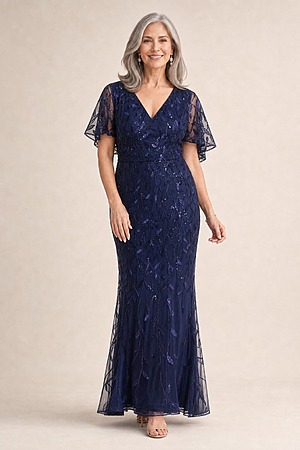 Edith Flutter Sleeve Sequin Navy Gown by Dressology mother of the bride dress on model