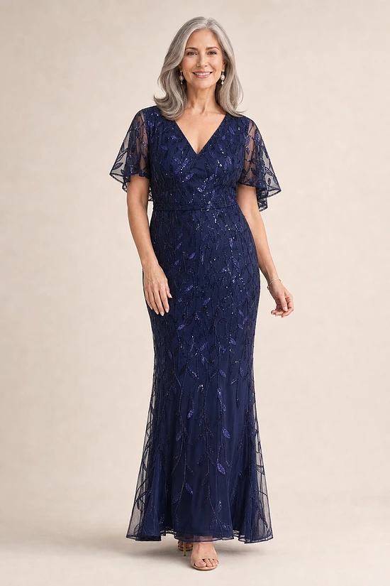 Edith Flutter Sleeve Sequin Navy Gown by Dressology mother of the bride dress on model