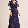 Edith Flutter Sleeve Sequin Plum Gown by Dressology mother of the bride dress on model