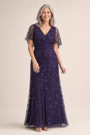 Edith Flutter Sleeve Sequin Plum Gown by Dressology mother of the bride dress on model