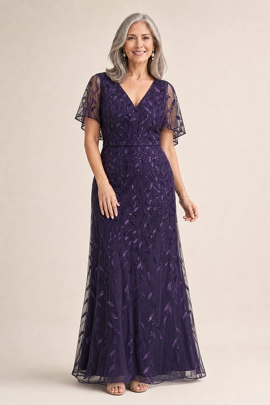 Edith Flutter Sleeve Sequin Plum Gown by Dressology mother of the bride dress on model