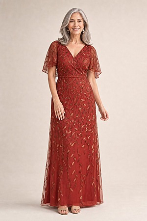 Edith Flutter Sleeve Sequin Rust Gown by Dressology mother of the bride dress on model