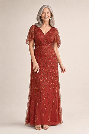Edith Flutter Sleeve Sequin Rust Gown by Dressology