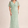Edith Flutter Sleeve Sequin Sage Gown by Dressology mother of the bride dress on model