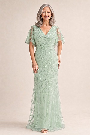 Edith Flutter Sleeve Sequin Sage Gown by Dressology mother of the bride dress on model