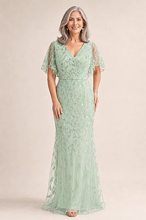 Edith Flutter Sleeve Sequin Sage Gown by Dressology