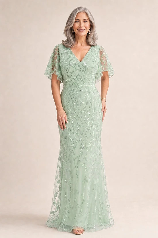 Edith Flutter Sleeve Sequin Sage Gown by Dressology mother of the bride dress on model
