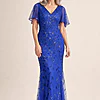 Edith Flutter Sleeve Sequin Sapphire Blue Gown by Dressology mother of the bride dress on model