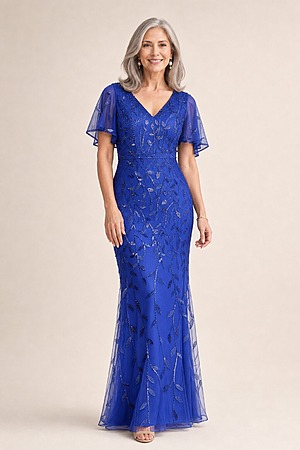 Edith Flutter Sleeve Sequin Sapphire Blue Gown by Dressology mother of the bride dress on model