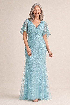 Edith Flutter Sleeve Sequin Sea Glass Gown by Dressology mother of the bride dress on model