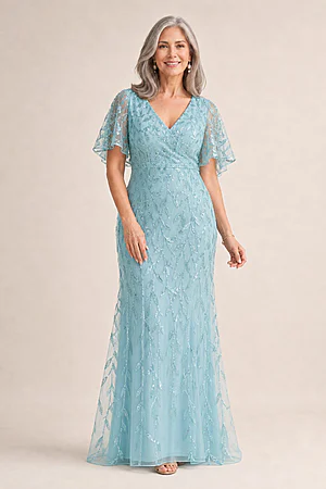 Edith Flutter Sleeve Sequin Sea Glass Gown by Dressology