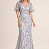 Edith Flutter Sleeve Sequin Silver Gown by Dressology mother of the bride dress on model