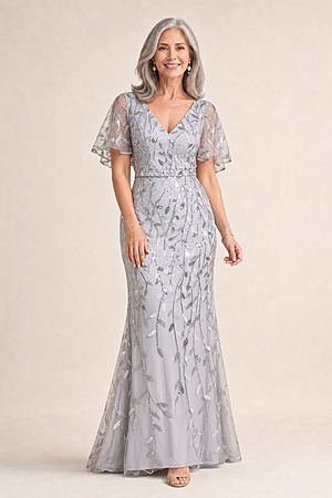 Edith Flutter Sleeve Sequin Silver Gown by Dressology mother of the bride dress on model