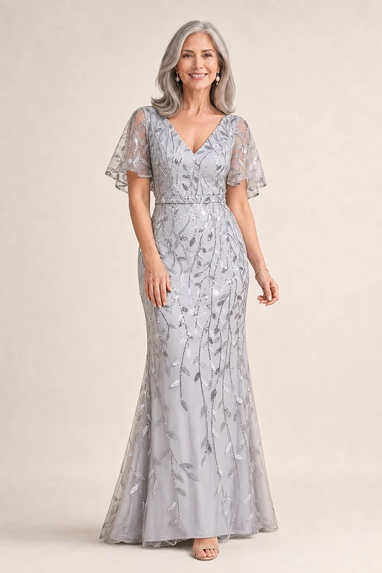 Edith Flutter Sleeve Sequin Silver Gown by Dressology mother of the bride dress on model