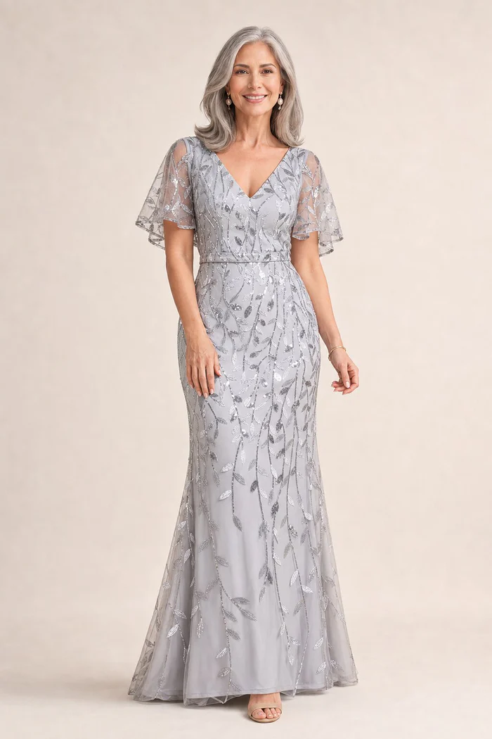 Edith Flutter Sleeve Sequin Silver Gown by Dressology mother of the bride dress on model