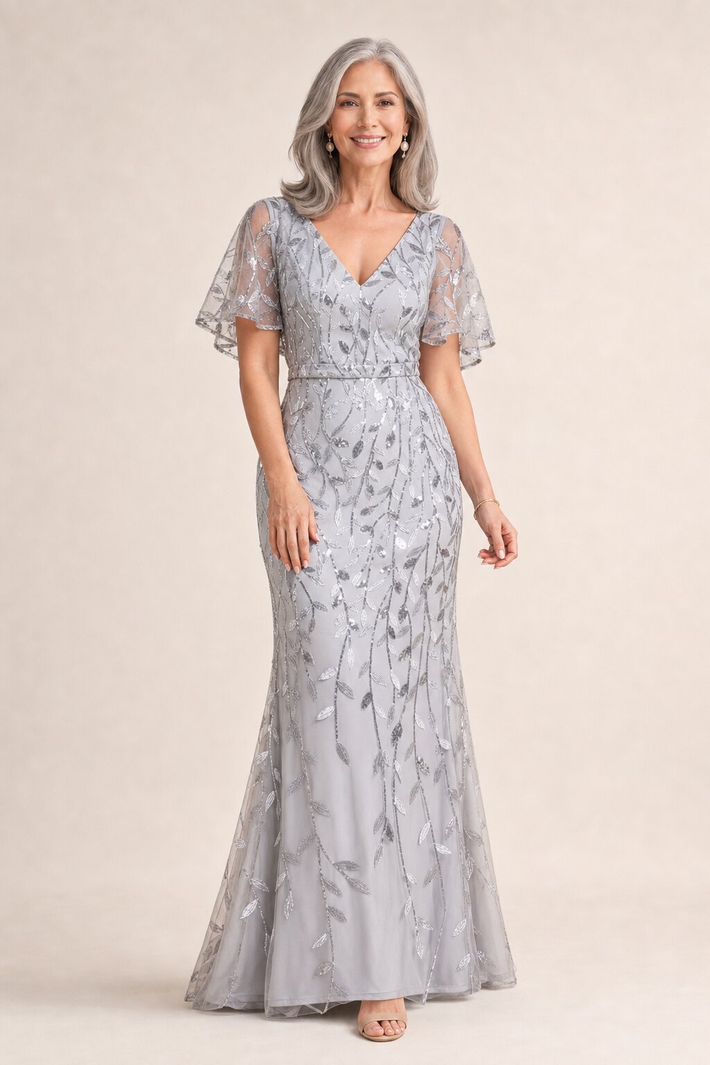 Edith Flutter Sleeve Sequin Silver Gown by Dressology