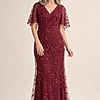 Edith Flutter Sleeve Sequin Wine Gown by Dressology mother of the bride dress on model