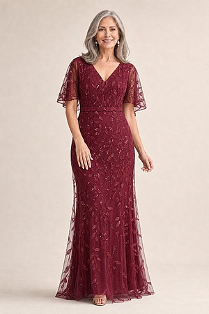 Edith Flutter Sleeve Sequin Wine Gown by Dressology mother of the bride dress on model