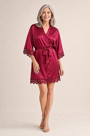 Ella Burgundy Red Lace Satin Robe mother of the bride dress on model