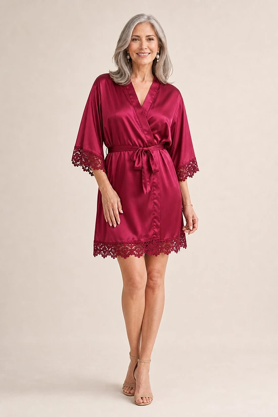 Ella Burgundy Red Lace Satin Robe mother of the bride dress on model