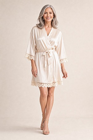 Ella Champagne Lace Satin Robe mother of the bride dress on model
