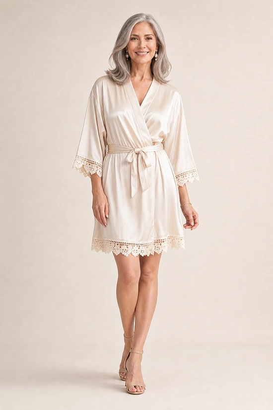 Ella Champagne Lace Satin Robe mother of the bride dress on model