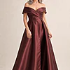 Eloisa Effortless Off Shoulder Chocolate Gown Draping by Trellis Lane mother of the bride dress on model