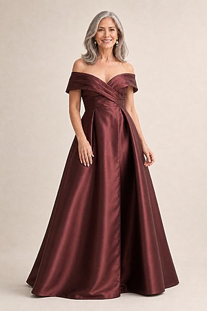 Eloisa Effortless Off Shoulder Chocolate Gown Draping by Trellis Lane mother of the bride dress on model