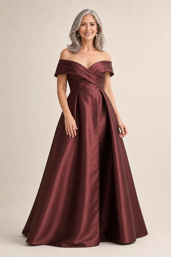 Eloisa Effortless Off Shoulder Chocolate Gown Draping by Trellis Lane mother of the bride dress on model