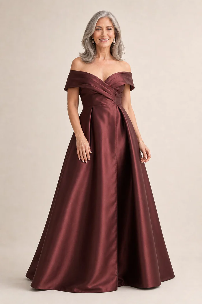 Eloisa Effortless Off Shoulder Chocolate Gown Draping by Trellis Lane mother of the bride dress on model
