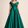 Eloisa Effortless Off Shoulder Emerald Gown Draping by Trellis Lane mother of the bride dress on model