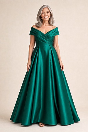 Eloisa Effortless Off Shoulder Emerald Gown Draping by Trellis Lane mother of the bride dress on model