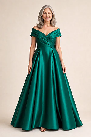 Eloisa Effortless Off Shoulder Emerald Gown Draping by Trellis Lane