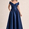 Eloisa Effortless Off Shoulder Navy Gown Draping by Trellis Lane mother of the bride dress on model