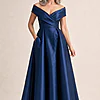 Eloisa Effortless Off Shoulder Navy Gown Draping by Trellis Lane mother of the bride dress on model
