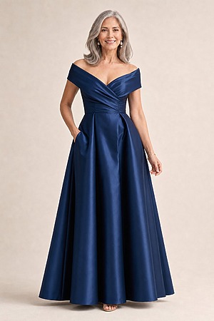 Eloisa Effortless Off Shoulder Navy Gown Draping by Trellis Lane mother of the bride dress on model