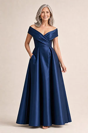 Eloisa Effortless Off Shoulder Navy Gown Draping by Trellis Lane
