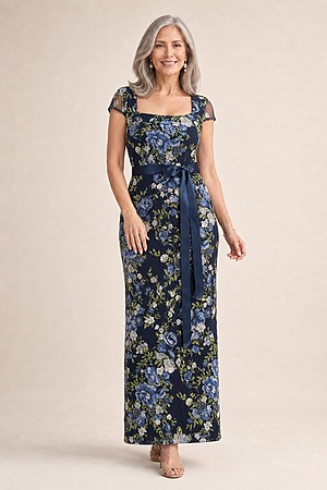 Embroidered Floral Cap Sleeve Column in Navy Multi Gown by Adrianna Papell mother of the bride dress on model