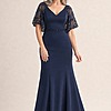 Esme Lace Sleeve Navy Gown by Dressology mother of the bride dress on model